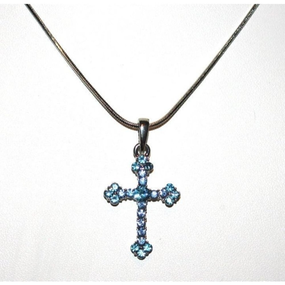 Girls Small Blue Crystal 1 1/4" x 3/4" Cross Silver Chain Necklace 17"+ 3" Ext.